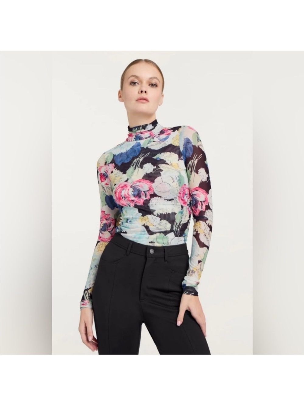 Cinq a Sept Wildwood Floral Mock Neck Long-Sleeve Mesh Top - Multi